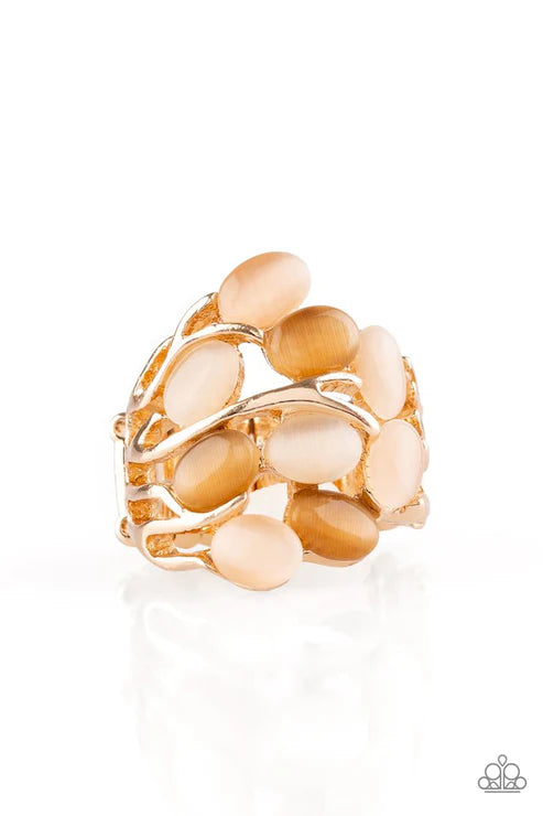 Really Starting To GLOW On Me - Oversized Gold/Multi Scattered Cat's Eye Moonstone Ring R#1768