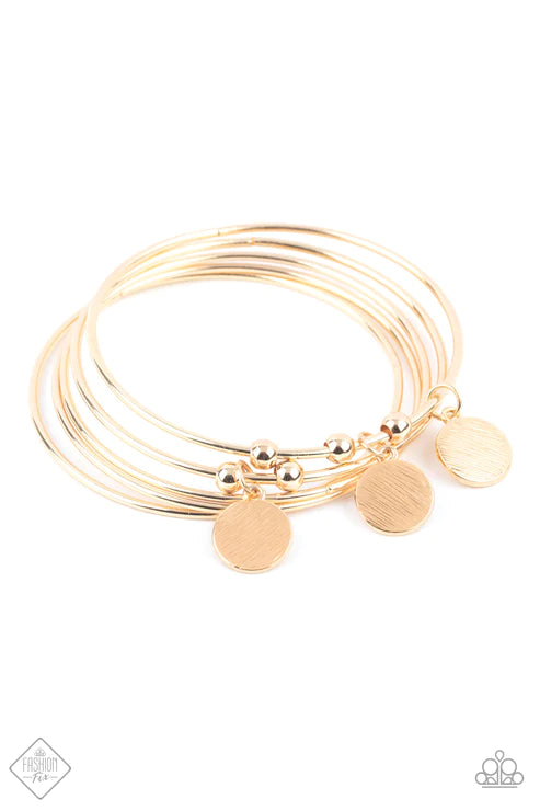 Reflective Radiance - Gold Textured Discs Bangle Bracelet Stack B#1916