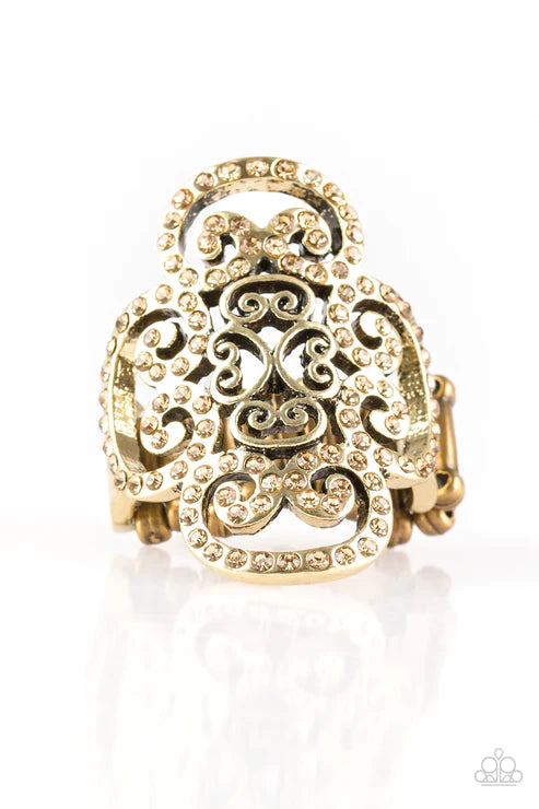 Regal Regalia - Oversized Brass Regal Topaz Encrusted Filigree Ring R#528