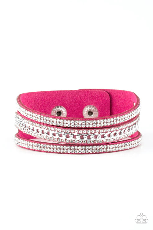 Rollin In Rhinestones - Pink Chain Encrusted Suede Bracelet B#2097