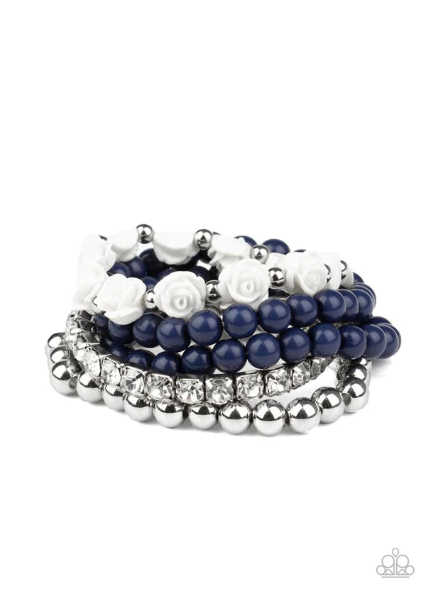 Rose Garden Grandeur - Oversized Blue (Navy/White/Silver) Vintage 3D Resin Flower Dotted Encrusted Bracelet Stack B#1025