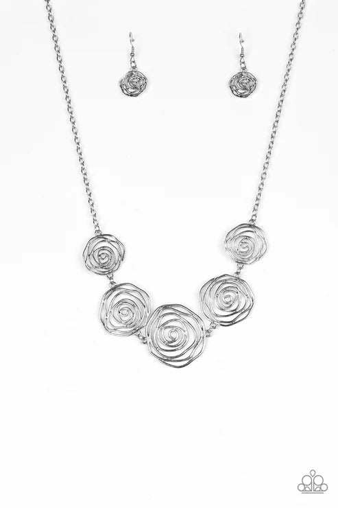 Rosy Rosette - Oversized Silver 3D Rosebud Bars Spin Link Necklace N#1900