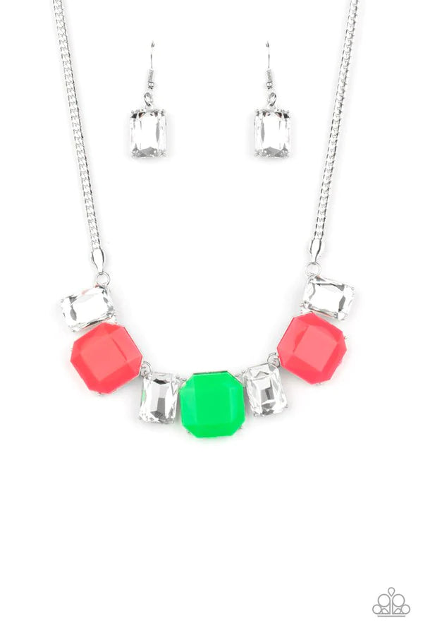 Royal Crest - Pink/Green Neon Connected Exaggerated Emerald Necklace N#762