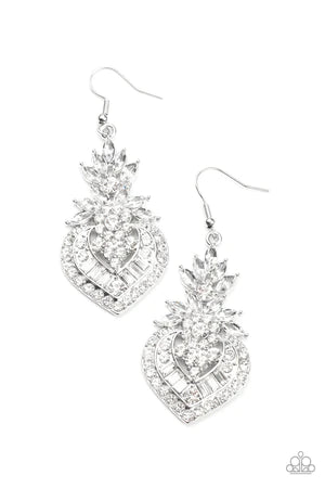 Royal Hustle - Oversized White Dotted Round/Marquise/Emerald Cut Encrusted Decorative Stacked Earrings E#071