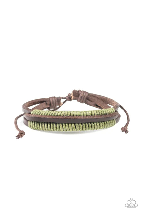 Rugged Roper - Green/Brown Infused Knotted Twine Leather Adjustable Sliding Knot Closure Urban Bracelet B#2060
