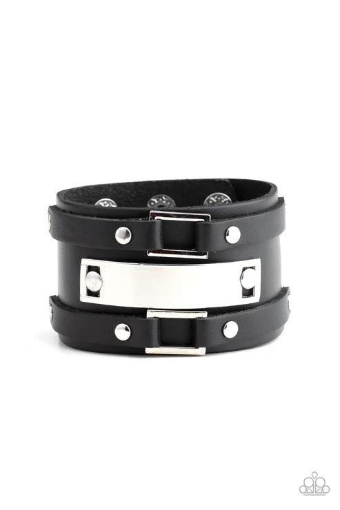 Rural Ranger - Oversized Black Studded Abstract Buckle Leather Adjustable Snap Closure Urban Bracelet B#2121