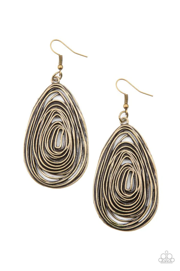 Rural Ripples - Oversized Brass Antiqued Rustic Asymmetrical Wire Coil Teardrop Earrings E#1439