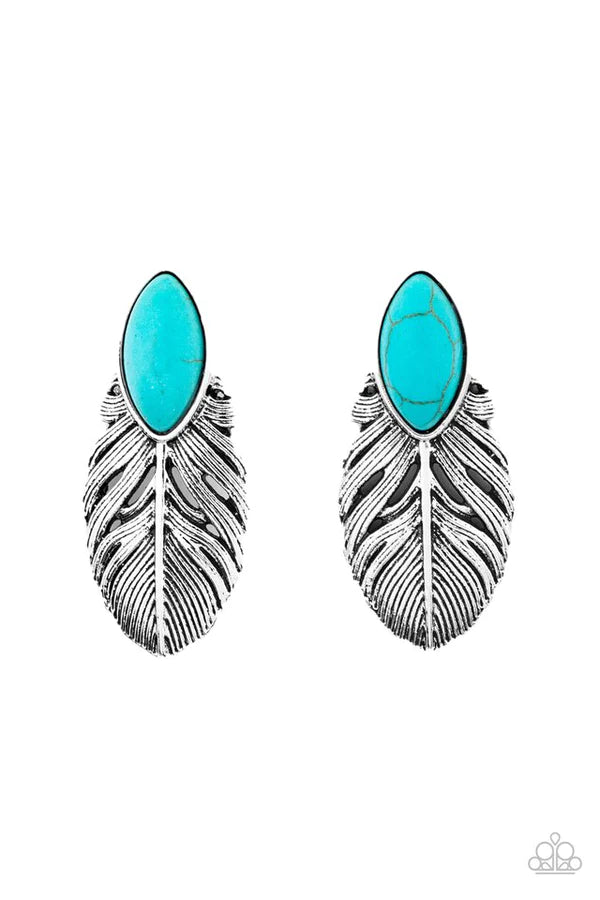 Rural Roadrunner - Oversized Blue/Silver Antique Chiseled Tranquil Marquise Stone Earrings E#561