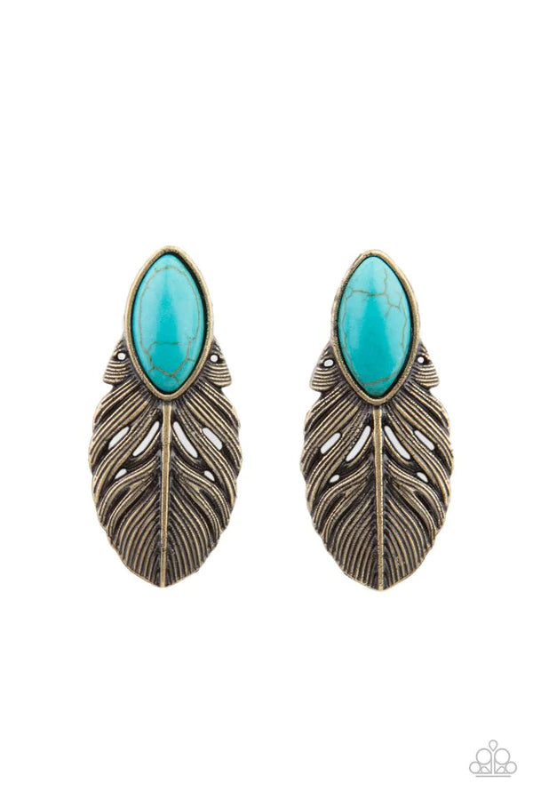 Rural Roadrunner - Oversized Brass/Blue Antique Chiseled Tranquil Marquise Stone Earrings E#203