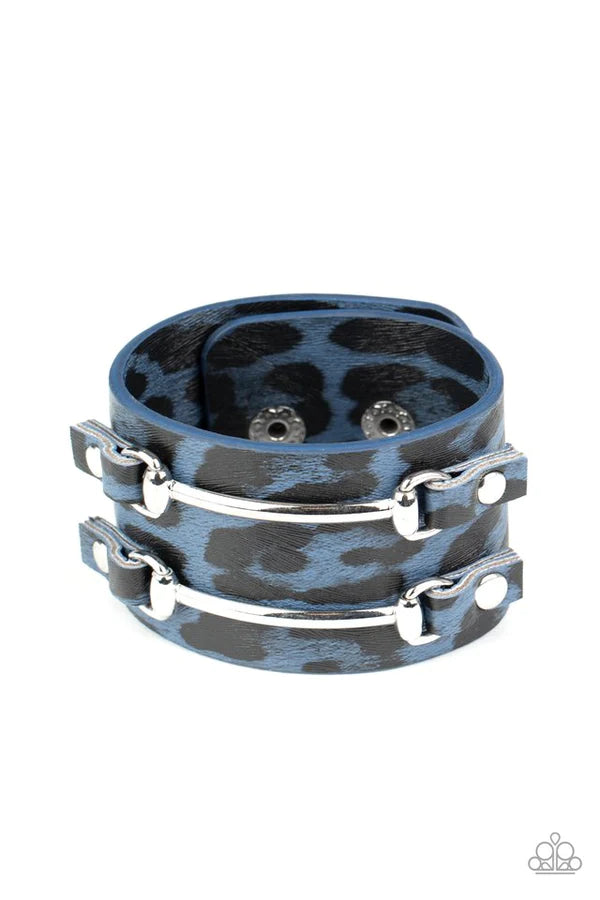 Safari Scene - Oversized Blue/Black Wild Cheetah Duo Arc Studded Leather Adjustable Snap Closure Bracelet B#1271
