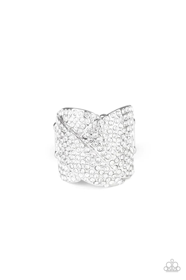 Scandalous Shimmer - Oversized White Overlap Ribbon Encrusted Stacked Ring R#1180