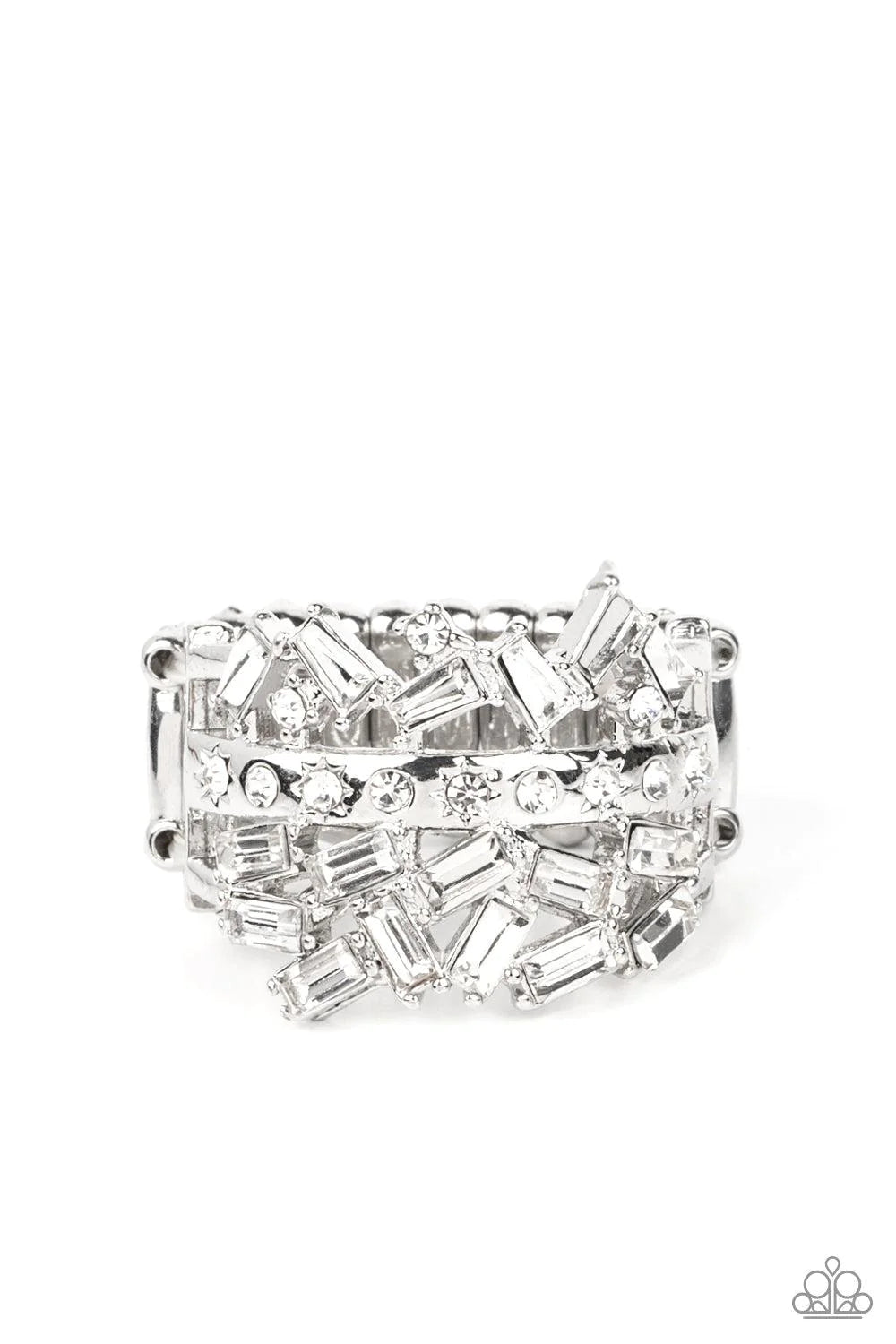 Scattered Sensation - White Dotted/Haphazard Explosion Round/Emerald Cut Encrusted Ring R#436