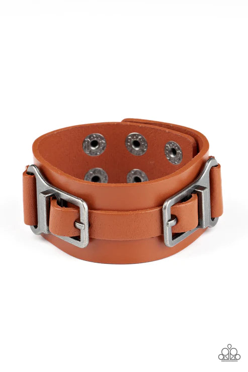 Scout It Out - Oversized Brown/Gunmetal Antiqued Studded Abstract Buckle Leather Urban Bracelet B#1658