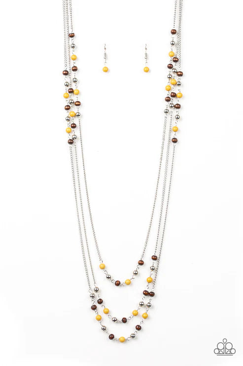 Seasonal Sensation - Yellow/Silver/Brown Trio Chain/Wood Accent Necklace N#2502