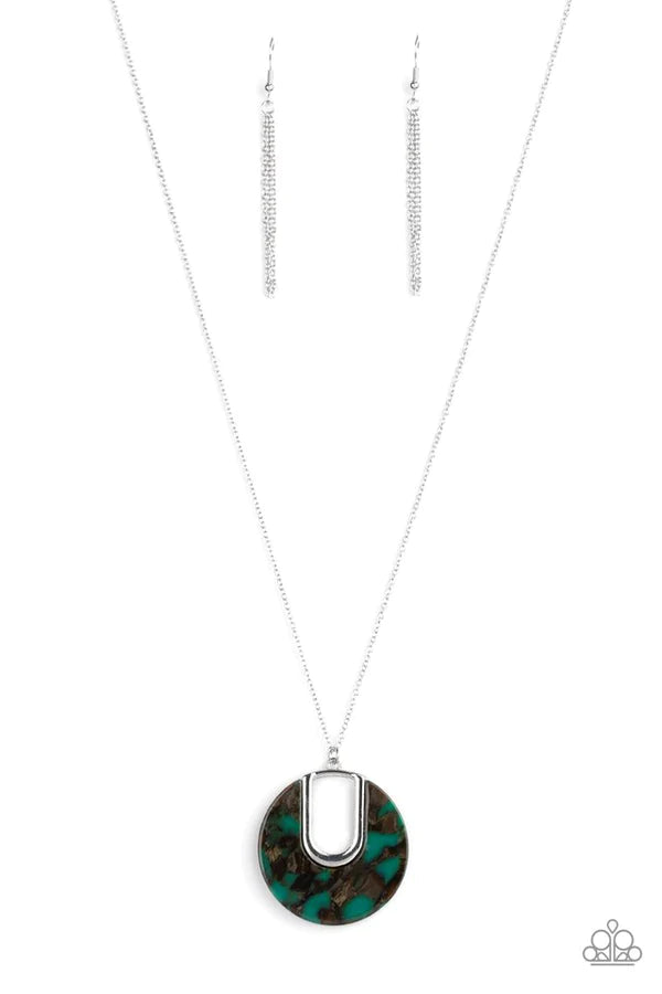 Setting The Fashion - Oversized Green Flecked Shimmer Faux Marble Ombre Retro Pendant Necklace N#188