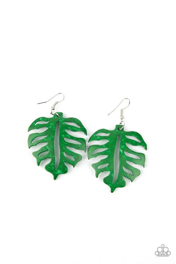 Shake Your PALMS PALMS - Green 3D Leaf Distressed Wood Earrings E#1444