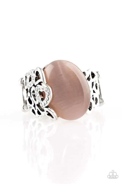 So In Love - Brown Airy Sporadically 3D Heart Encrusted Cat's Eye Moonstone Ring R#1877