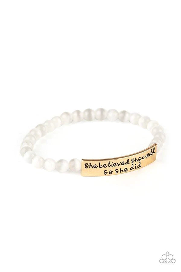 So She Did - Gold/White Inspirational “She believed she could, so she did” Cat's Eye Moonstone Bracelet B#889