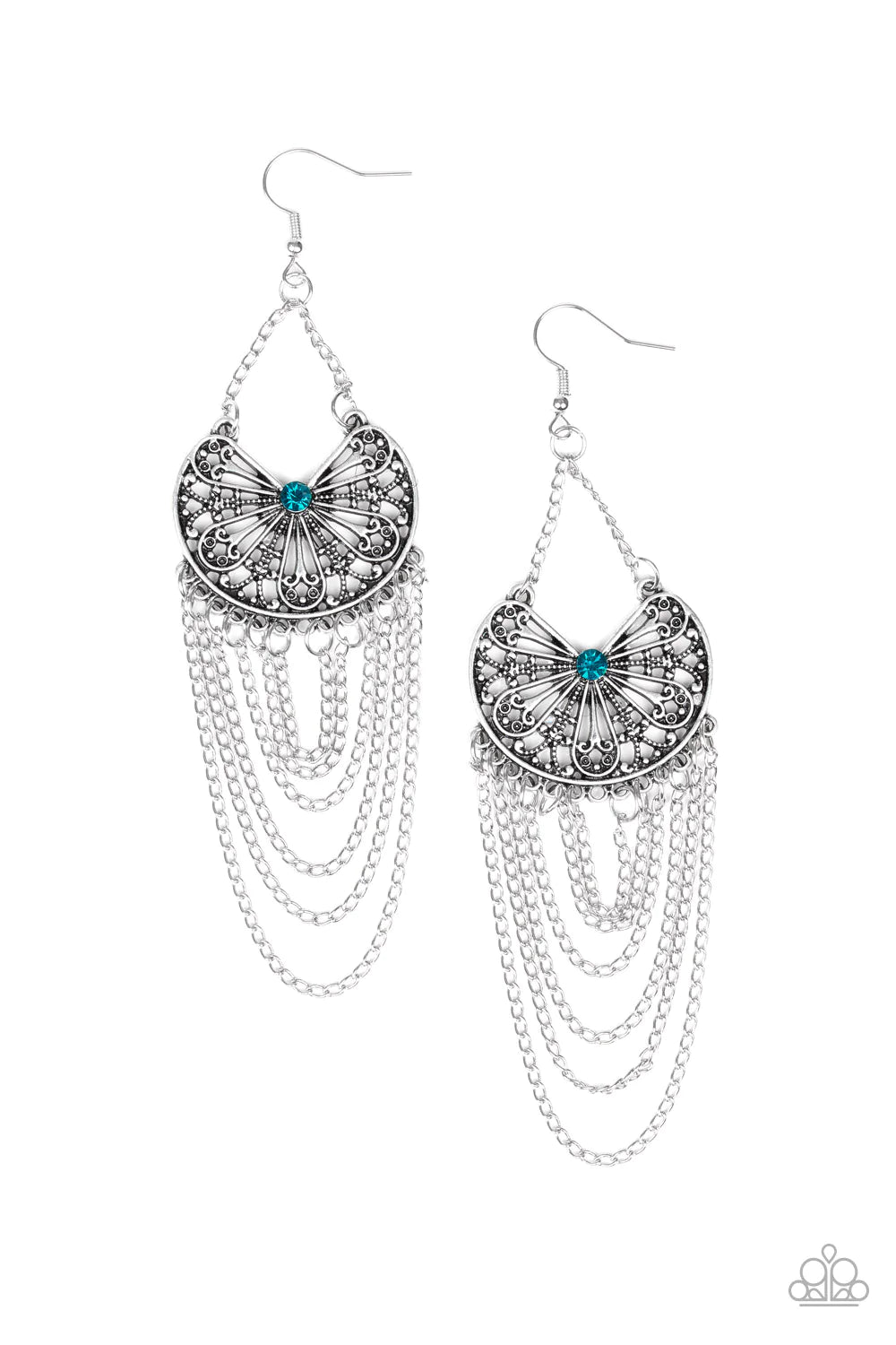 So Social Butterfly - Oversized Blue Airy Swirl Dotted 3D Butterfly Encrusted Fringe Earrings E#353