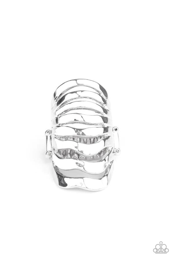 Sound Waves - Oversized Silver Hammered Ripple Wave Industrial Ring R#1502