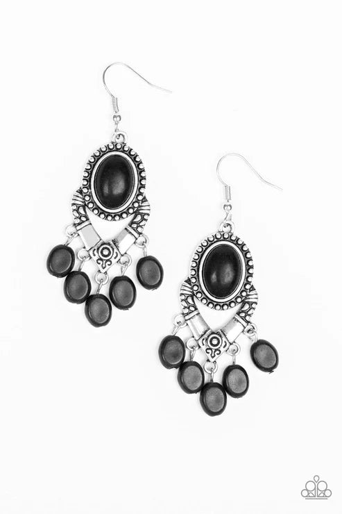 Southern Sandstone - Matte Black Studded Stone Tribal Fringe Earrings E#2169