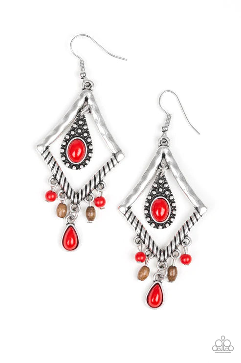 Southern Sunsets - Red Kite Hammered Wood Teardrop Earrings E#2136