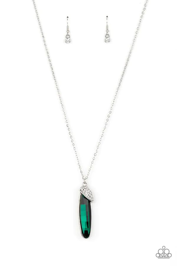 Spontaneous Sparkle - Oversized Green Oval Slanted Encrusted Necklace N#572
