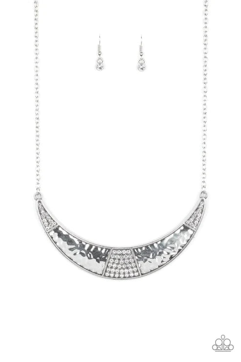 Stardust - White Half-Moon Hammered Encrusted Plate Necklace N#2569
