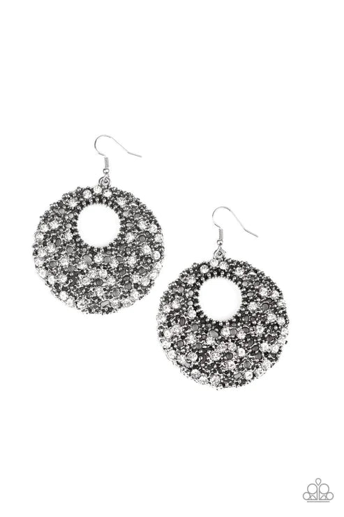 Starry Showcase - Oversized White Collision Antiqued Studs Coalesce Encrusted Hoop Earrings E#1727