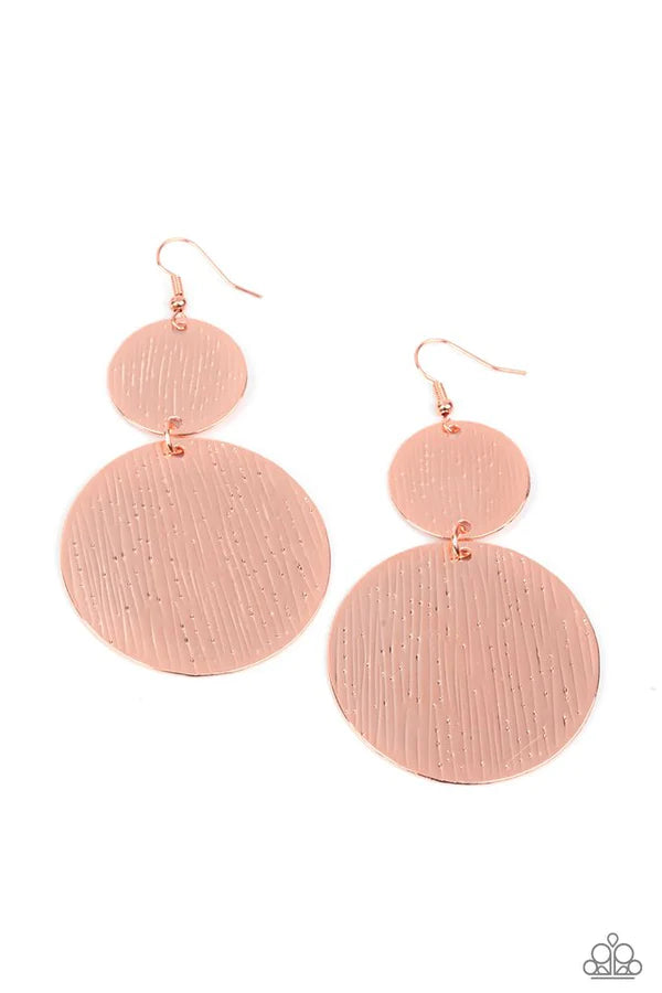 Status CYMBAL - Oversized Copper Duo Mismatched Embossed Tactile Linear Discs Link Earrings E#279