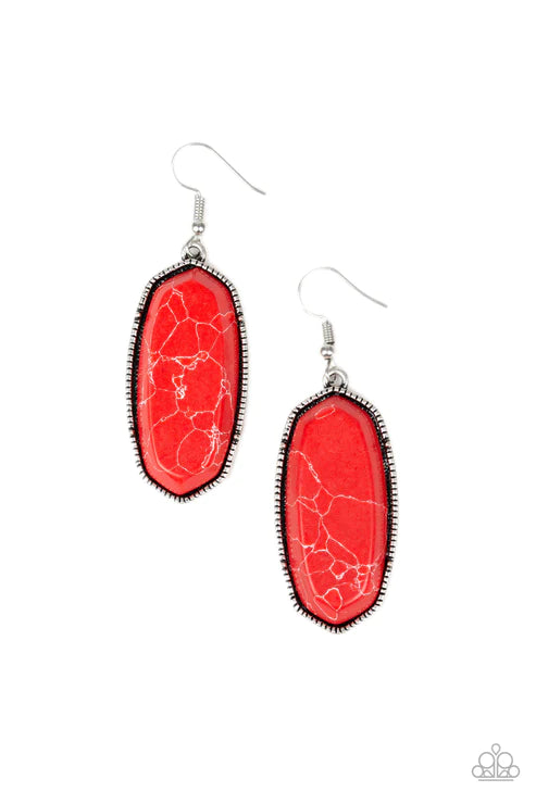 Stone Quest - Oversized Red (Fiery) Faux Marble Studded Natural Stone Earrings E#2139