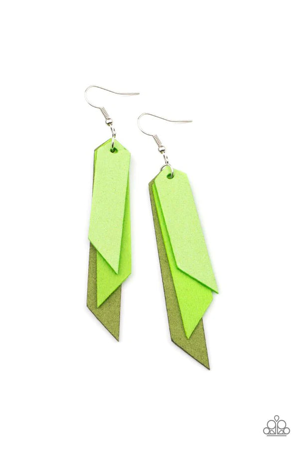 Suede Shade - Green Ombre Angled Tapered Tassel Suede Leather Earrings E#196