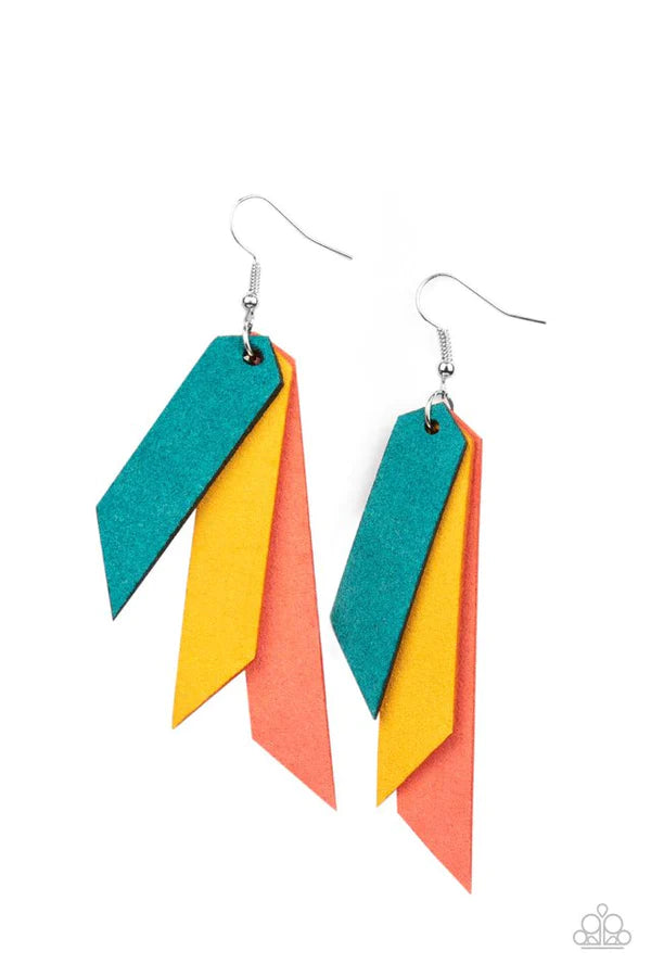Suede Shade - Oversized Multi (Blue/Coral/Yellow) Angled Tapered Tassel Suede Leather Earrings E#069