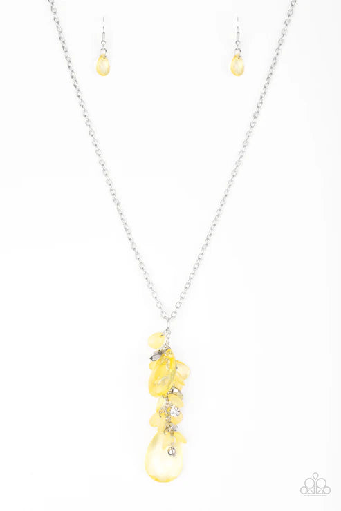 Summer Solo - Yellow Faceted Crystal Teardrop Trickle Tassel Necklace N#1835