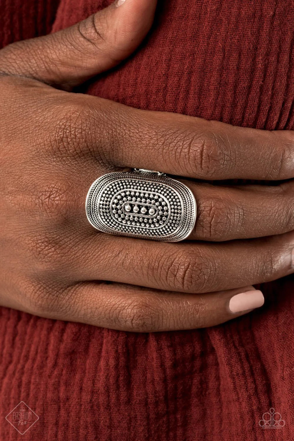 Dotted Decor - Oversized Silver Mismatched Dotted/Studded Textured Tactile Ring R#1464