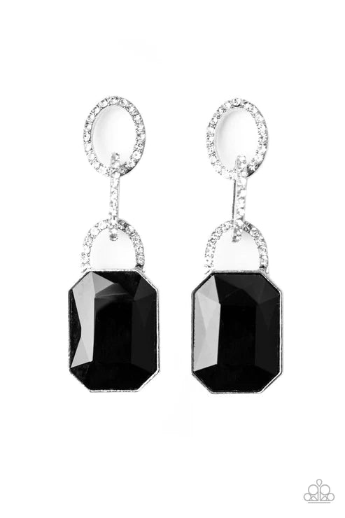 Superstar Status - Oversized Black Emerald Cut Encrusted Links Dramatic Lure Earrings E#2216