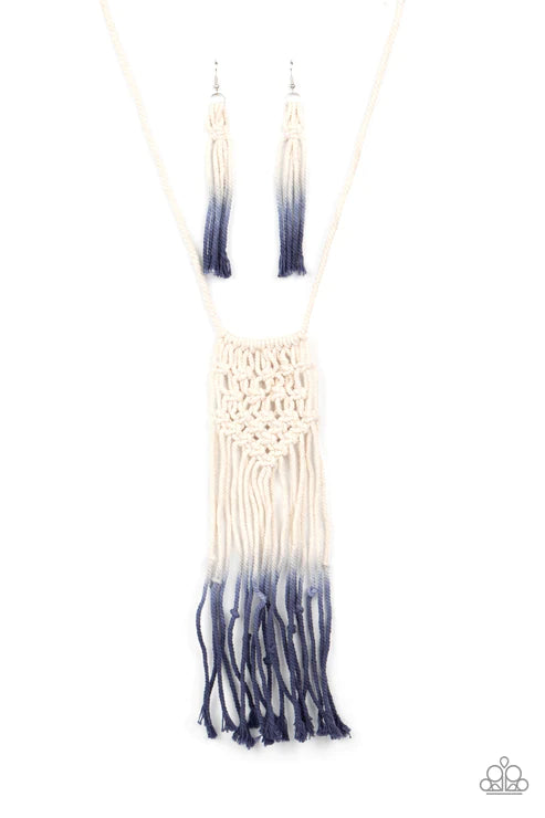 Surfin The Net - Blue Depths Knotted Braided Macrame Necklace N#1973