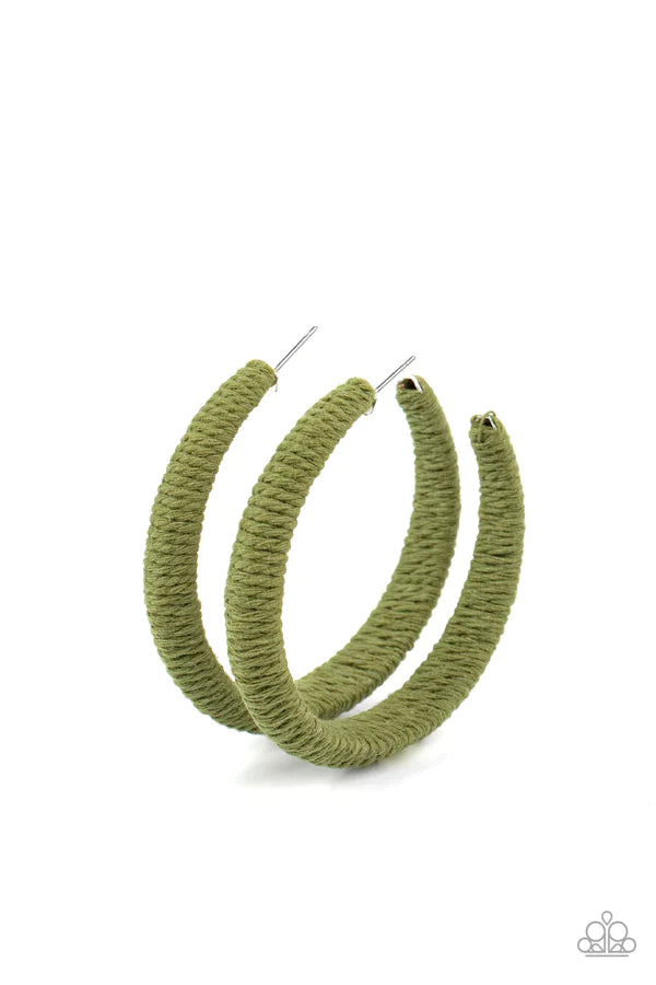 TWINE and Dine - Oversized Green (Military Olive) Rustic Twine Cording Wrapped Thick Hoop Earrings E#424
