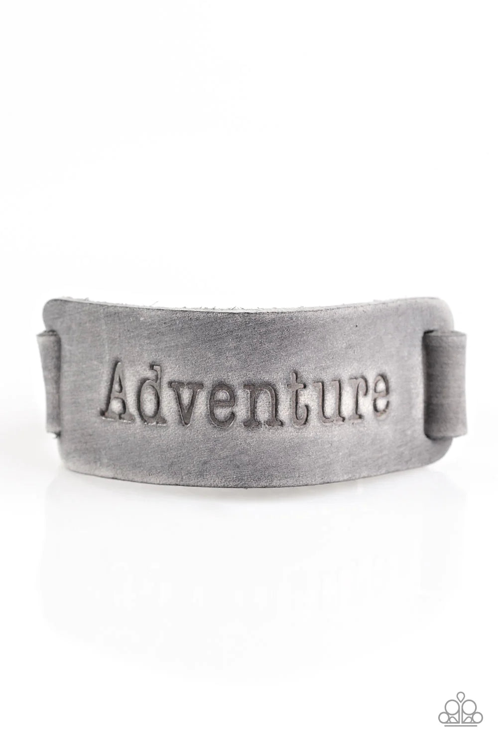 Take The Scenic Route - Oversized Silver/Gray Rustic Stamped “Adventure” Leather Urban Bracelet B#1156