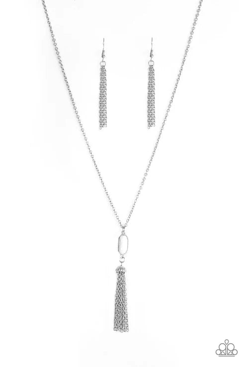 Tassel Tease - White Faceted Tassel Stream Necklace N#1825