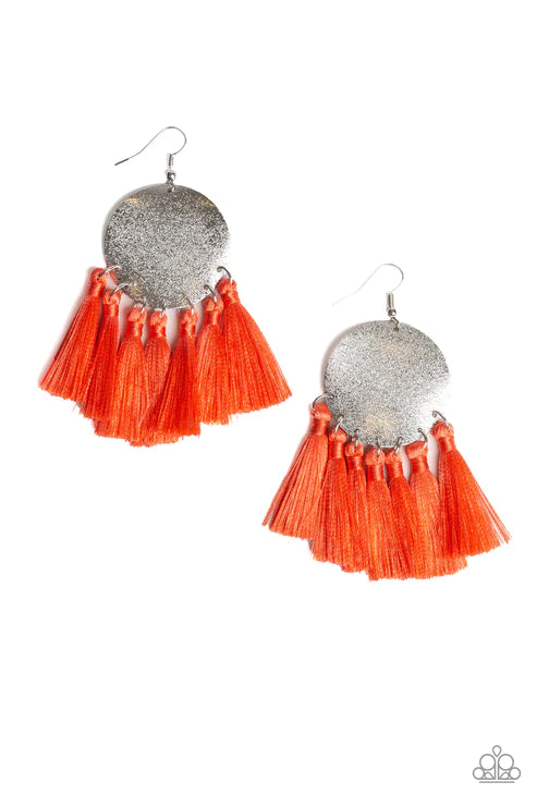 Tassel Tribute - Oversized Orange (Coral) Threaded Tassel Fringe Earrings E#2463