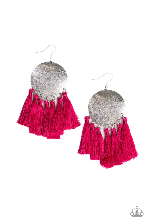 Tassel Tribute - Oversized Pink Threaded Tassel Fringe Earrings E#2142