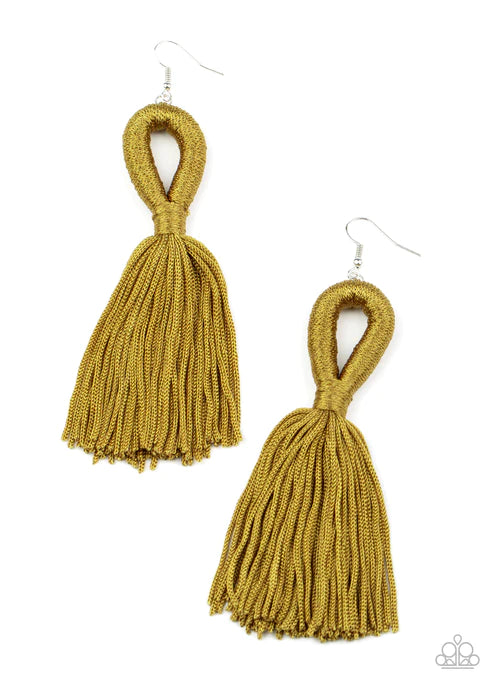 Tassels and Tiaras - Oversized Green (Military Olive) Loops/Knots Cording Tassel Earrings E#2585