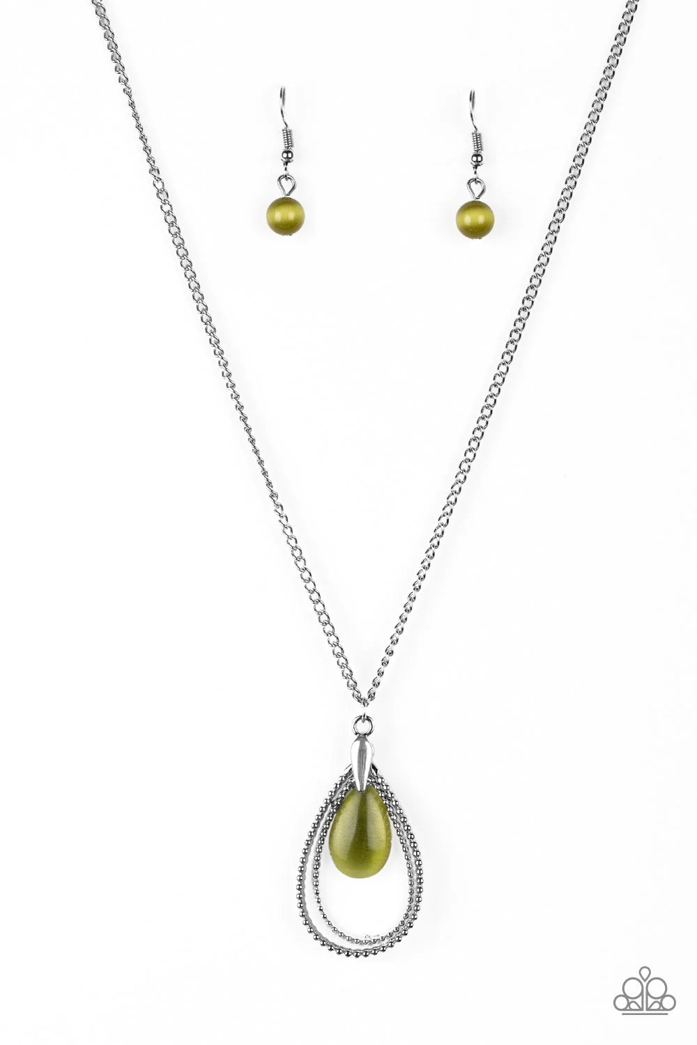 Teardrop Tranquility - Green Cat's Eye Moonstone "Swing" Studded Teardrop Necklace N#516