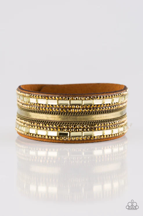 Teasingly Tomboy - Brass Mismatched Chain Emerald-Cut Encrusted Suede Bracelet B#1570
