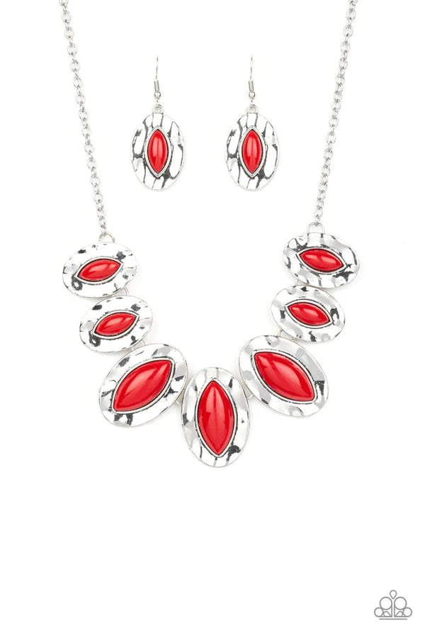Terra Color - Oversized Fiery Red Dotted Hammered Geometric Fan Necklace N#403