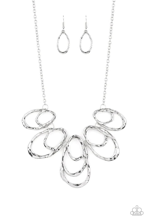 Terra Storm - Oversized Silver Asymmetrical Overlap Hammered Teardrop Fringe Necklace N#2562