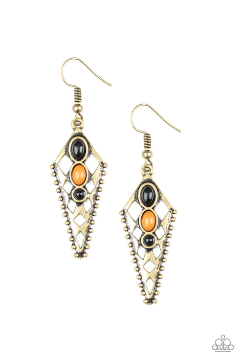 Terra Territory - Brass (Black/Meerkat) Triangular Tribal Earrings E#2269