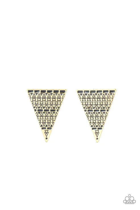 Terra Tricolor - Oversized Brass Stamped Geometric Stacked Triangle Tribal Accent Earrings E#1791