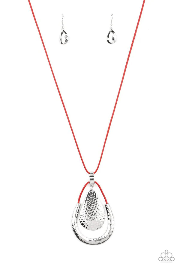 Texture Trekker - Oversized Red Hammered "Swing" Accent Teardrop Necklace N#976